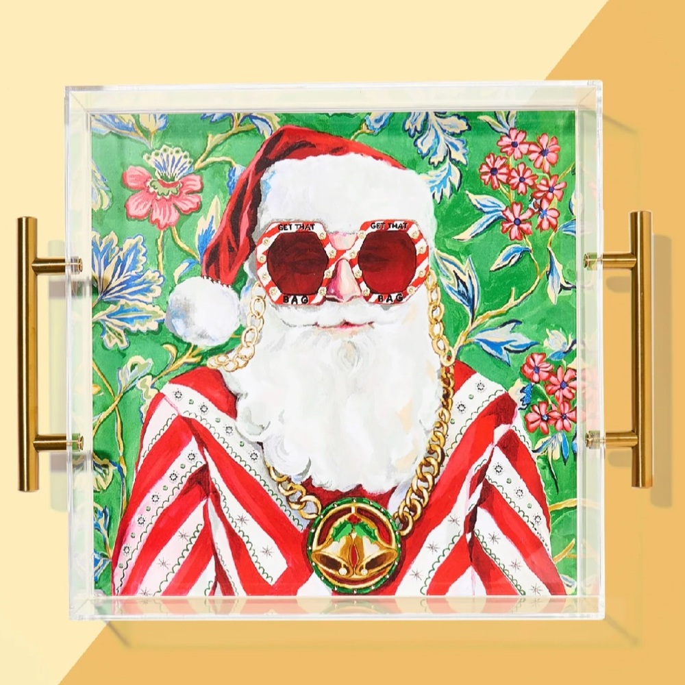 New in box. Swanky Santa acrylic tray. Tart by Taylor. Get that bag. Gold handle